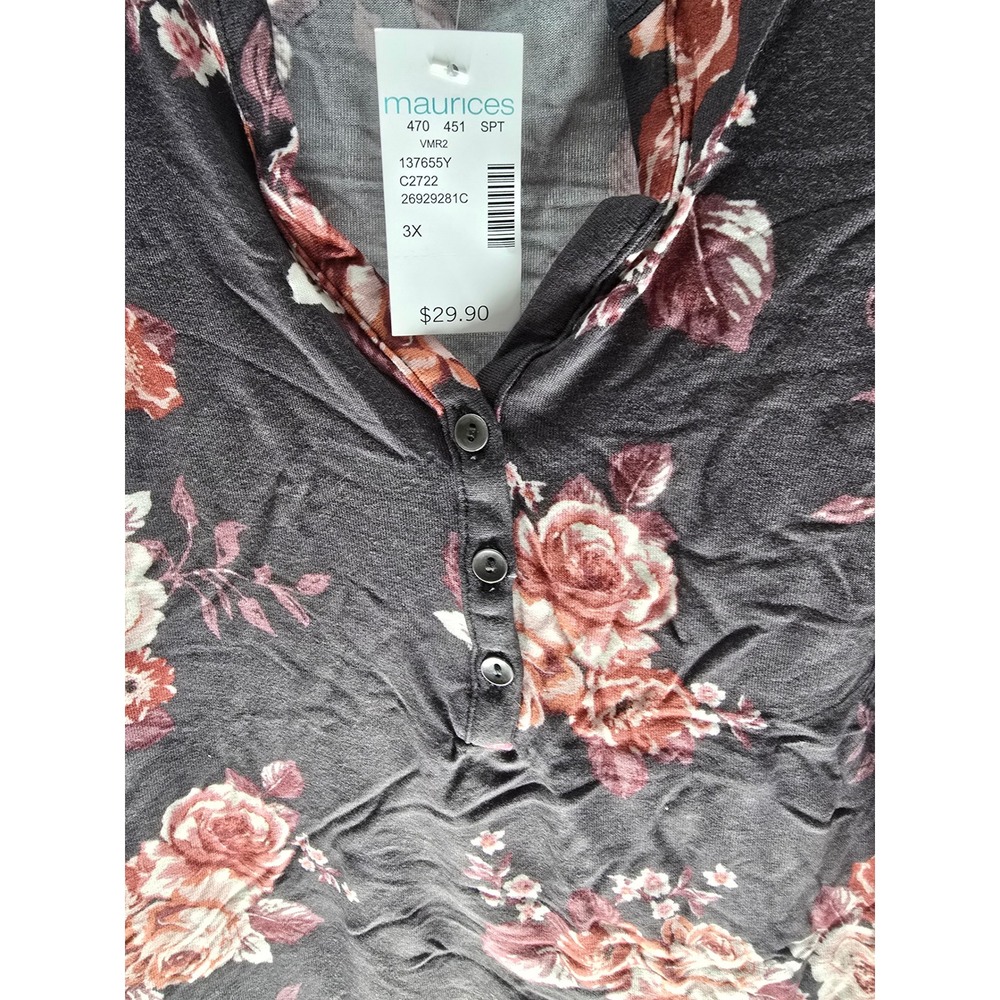 Maurices Womens 3X Gray Floral Henley Long‎ Sleeve Top Pleated Shoulder NWT - Picture 3 of 14